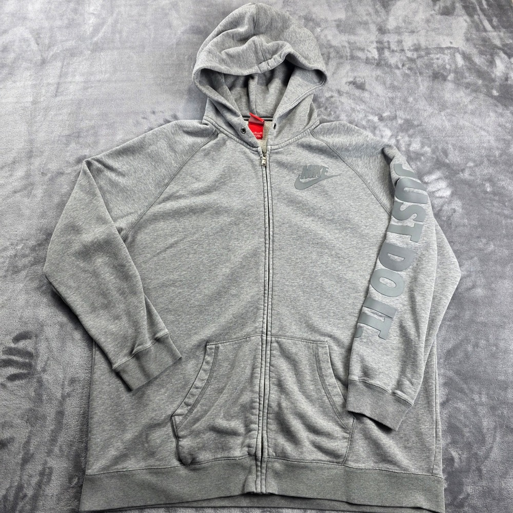 Nike Full Zip Hoodie Men XL Grey Just Do It Sleeve Graphic Fleece Sweatshirt